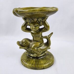 Vtg Ceramic Holland Mold Cherub Angel Child‎ Dolphin Iridized Pedestal Soap Dish